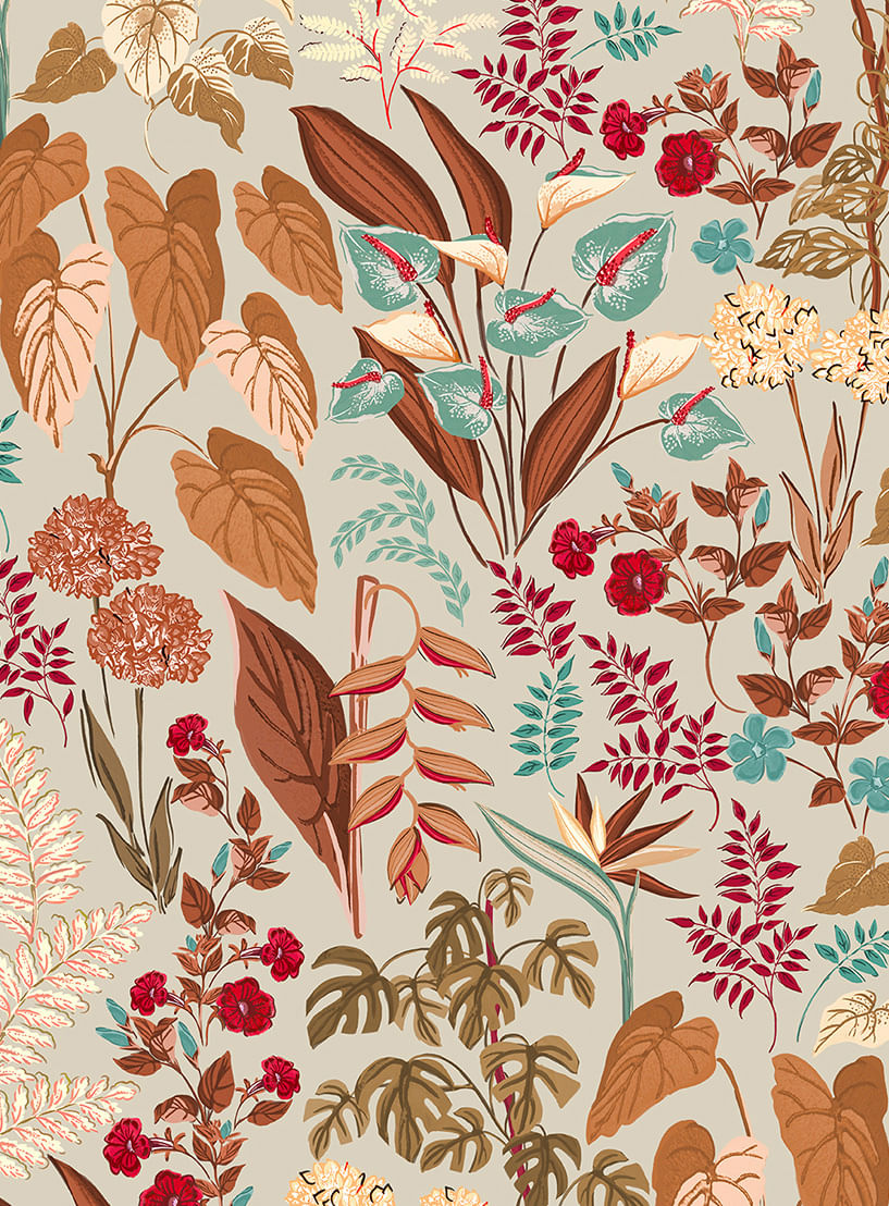 Papel-de-parede-classico-tropical-bege-e-escarlate